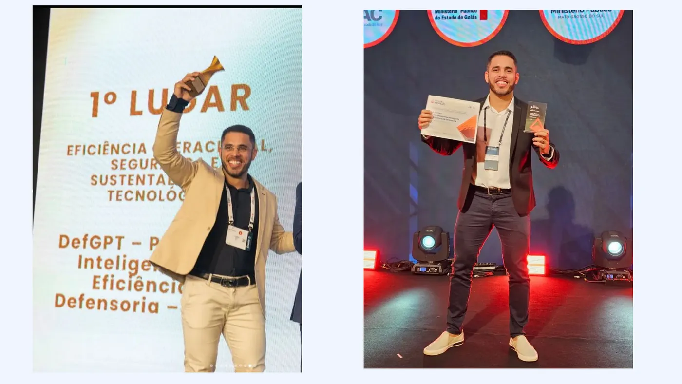 Luiz Carvalho recebendo o prêmio de 1º lugar pelo DefGPT, projeto de IA da Defensoria Pública do Tocantins