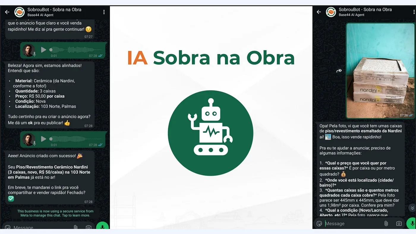 Exemplo do agente IA Sobra na Obra atendendo clientes pelo WhatsApp