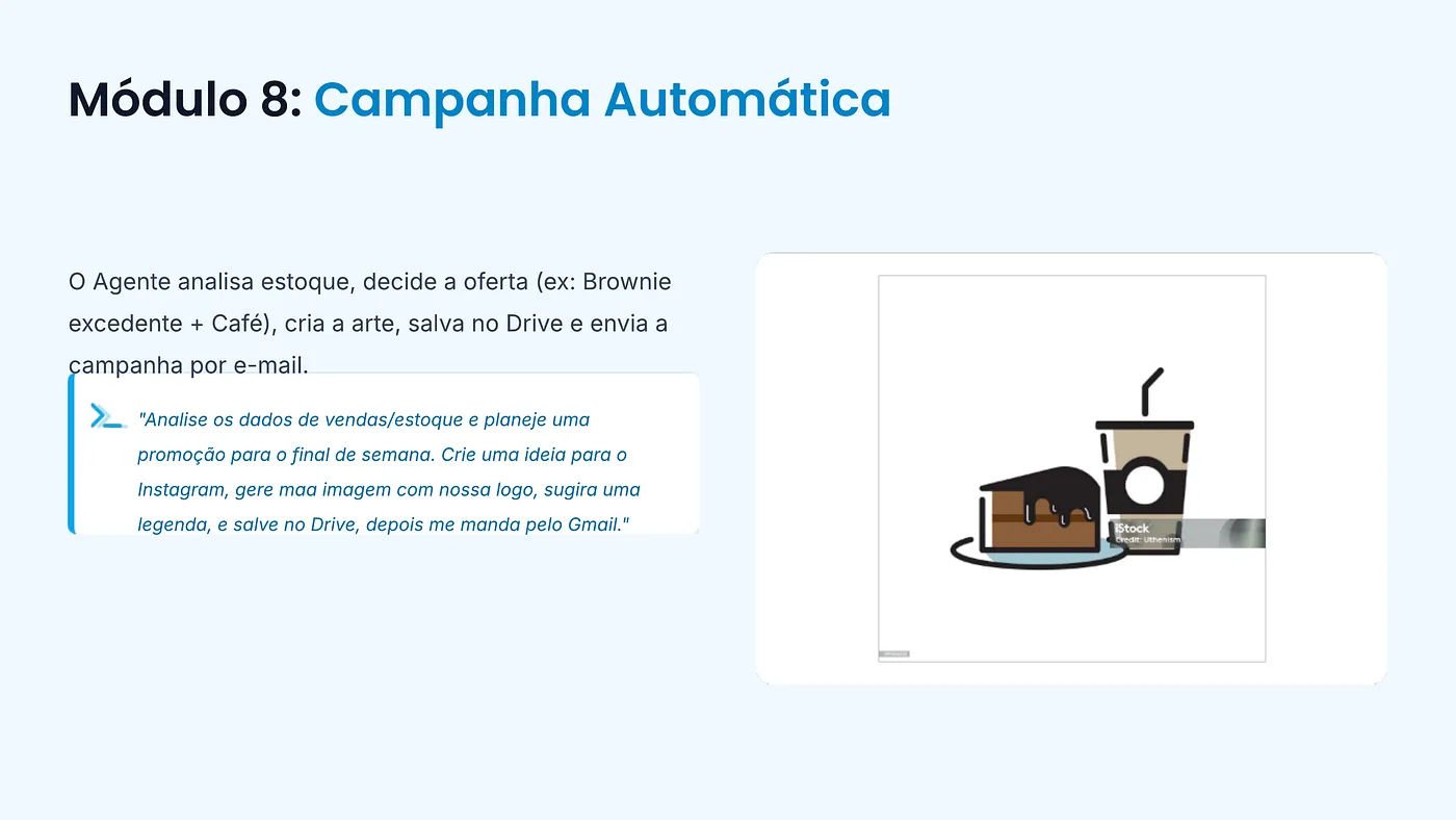 Slide Campanha Automática: agente analisa o estoque, cria a oferta, a arte e envia a campanha por e-mail