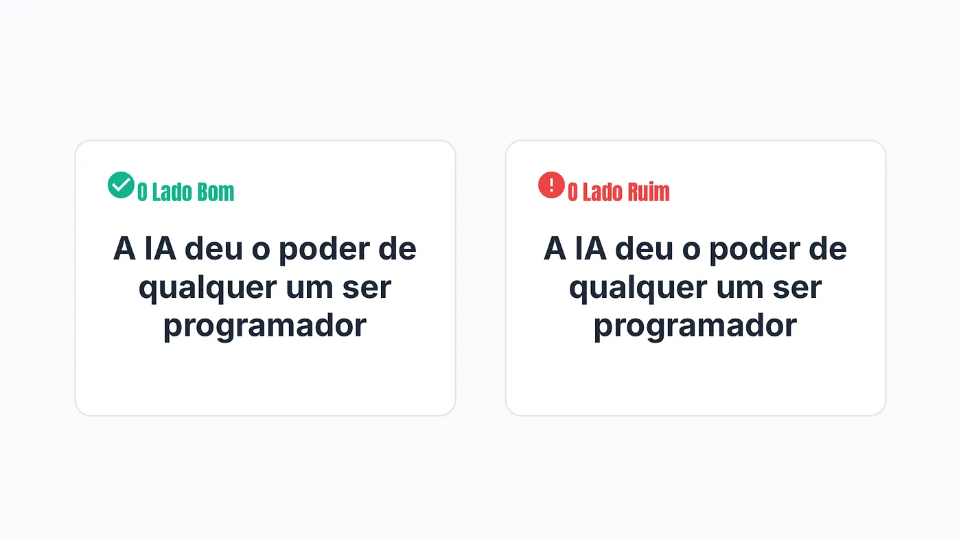 Slide sobre vibe coding comparando o lado bom e o lado ruim de qualquer pessoa poder programar com IA