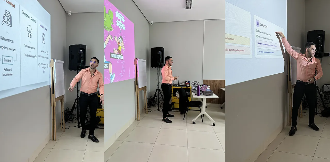 Luiz Carvalho demonstrando exemplos práticos de IA durante a palestra em Gurupi